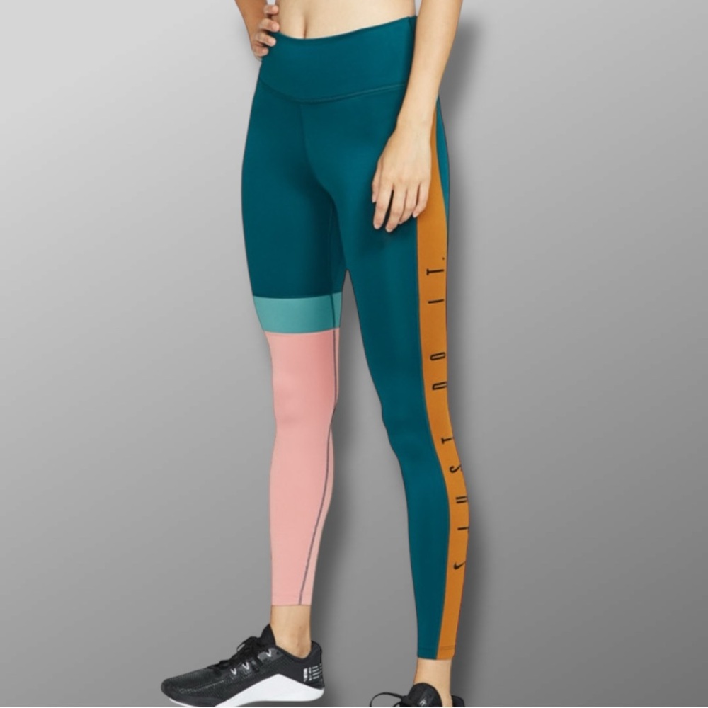 Nike One Dri-FIT Colorblock Just Do It Leggings Medium 7/8 Windrunner Teal JDI